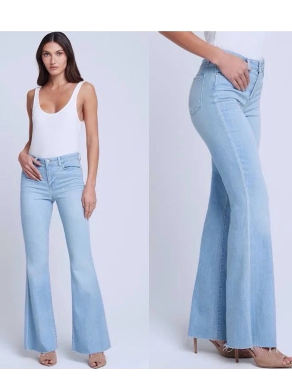 L’AGENCE Sera High Rise Flare Jeans 27 Blue Cloud Light Wash Raw Hem